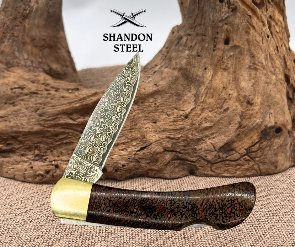 Santa Fe Stoneworks Lockback Pocket Knife Good Condition Damascus Steel Blade 12