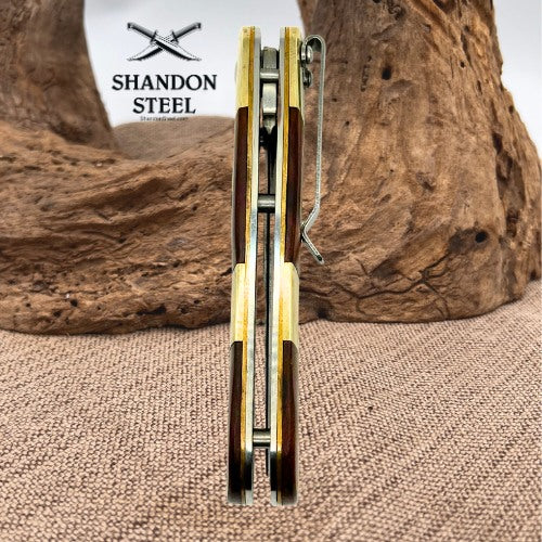 Old Timer Folding Knife Wood Handle Brass Bolsters Pocket Clip Liner Lock (40)