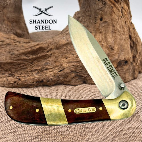 Old Timer Folding Knife Wood Handle Brass Bolsters Pocket Clip Liner Lock (40)