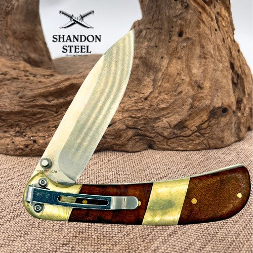 Old Timer Folding Knife Wood Handle Brass Bolsters Pocket Clip Liner Lock (40)