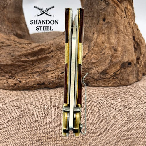 Old Timer Folding Knife Wood Handle Brass Bolsters Pocket Clip Liner Lock (40)