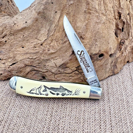 Schrade USA Vintage Scrimshaw SC503 Catfish Themed Folding Pocket Knife (242)