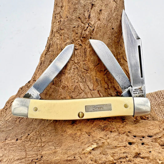 Sears Stockman USA 95303 Vintage Pocket Knife 3 Carbon Steel Blades Delrin (113)