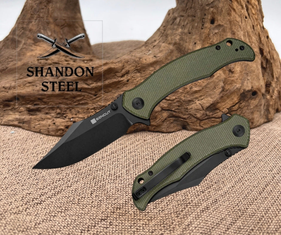 SENCUT Tauron Flipper & Thumb Stud Knife Olive Canvas Micarta Handle (3.48" Black D2 Blade) S25060-3