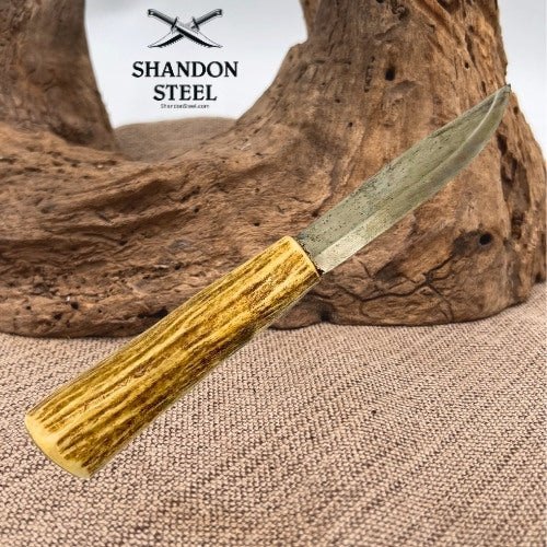 Custom Handmade Fixed Blade Hunting Knife Curved Stag Antler Handle w Sheath (8)