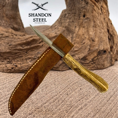 Custom Handmade Fixed Blade Hunting Knife Curved Stag Antler Handle w Sheath (8)