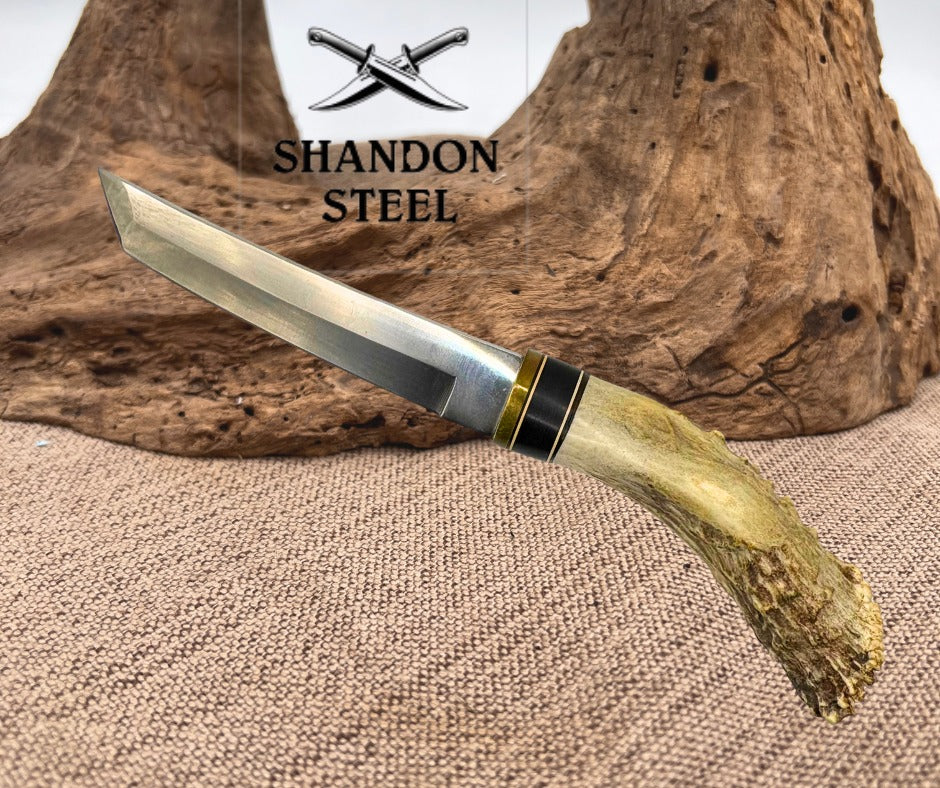 CUSTOM TANTO FIXED BLADE KNIFE STAG HANDLE LEATHER SHEATH HUNTING CAMPING (C03)