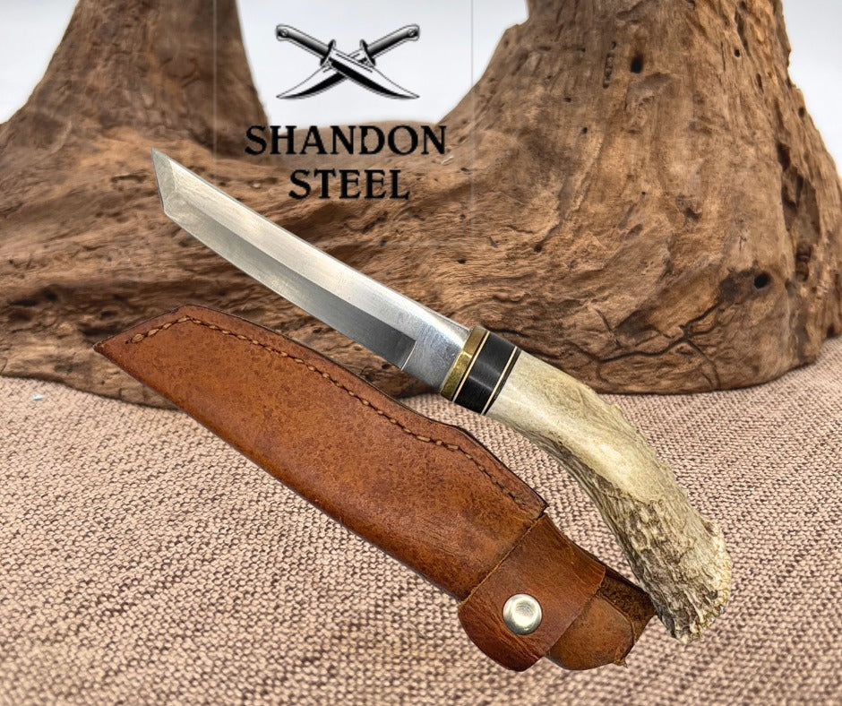 CUSTOM TANTO FIXED BLADE KNIFE STAG HANDLE LEATHER SHEATH HUNTING CAMPING (C03)