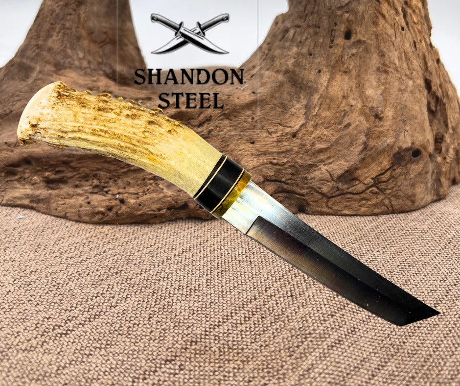 CUSTOM TANTO FIXED BLADE KNIFE STAG HANDLE LEATHER SHEATH HUNTING CAMPING (C03)
