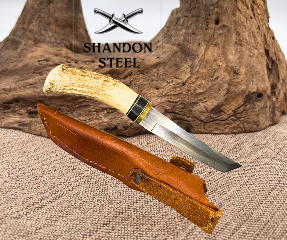 CUSTOM TANTO FIXED BLADE KNIFE STAG HANDLE LEATHER SHEATH HUNTING CAMPING (C03)