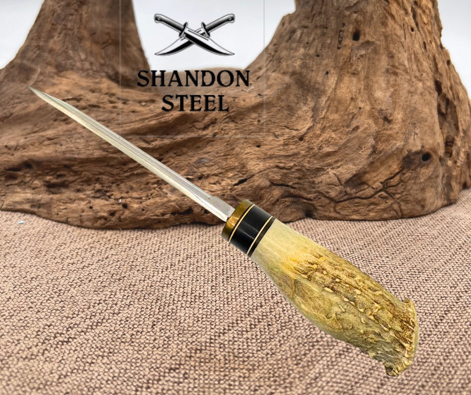 CUSTOM TANTO FIXED BLADE KNIFE STAG HANDLE LEATHER SHEATH HUNTING CAMPING (C03)