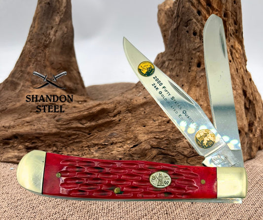 Steel Warrior 50 State QTR Collector Knife ~ Red Bone 2 Blade Trapper 2000 (20)