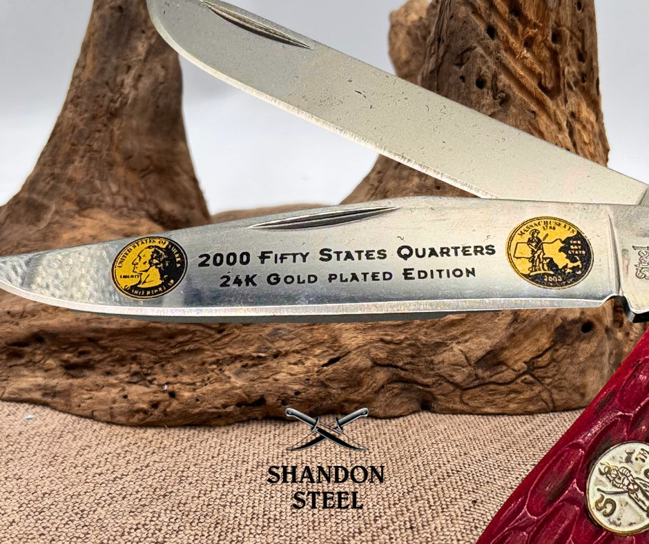 Steel Warrior 50 State QTR Collector Knife ~ Red Bone 2 Blade Trapper 2000 (20)