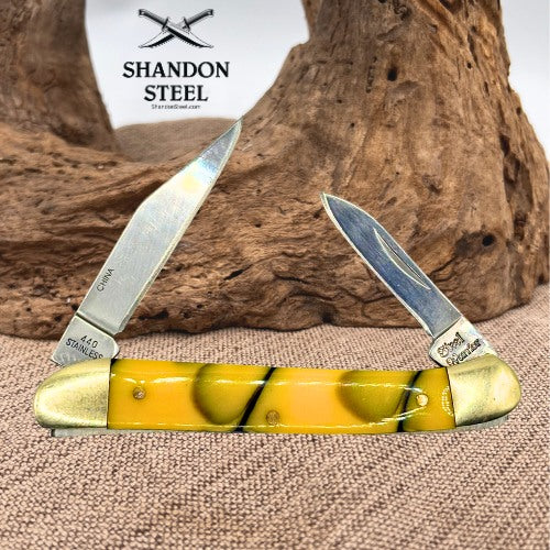 Steel Warrior Little Copperhead 2-Blade Pocket Knife Yellow & Black Swirl (51)