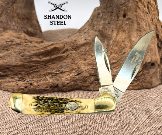 Steel Warrior Copperhead Deer Stag Handle Pocket Knife with 440 Steel Blades 164