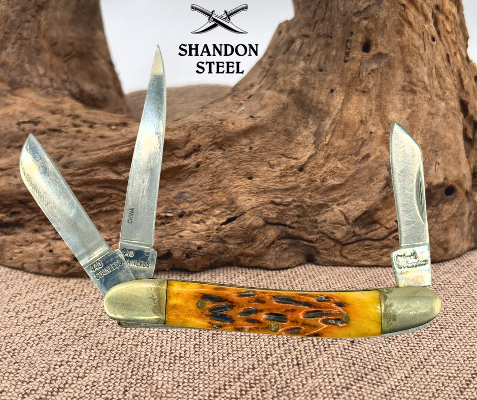 STEEL WARRIOR 3 BLADE FOLDING STOCKMAN JIGGED BONE POCKET KNIFE 3.25" CLOSED(80)