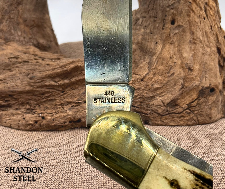 Steel Warrior Copperhead Deer Stag Handle Pocket Knife with 440 Steel Blades 164
