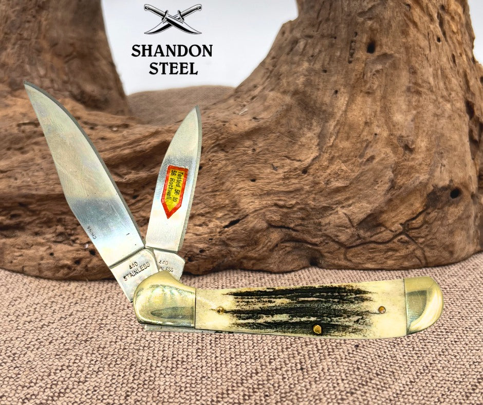 Steel Warrior Copperhead Deer Stag Handle Pocket Knife with 440 Steel Blades 164