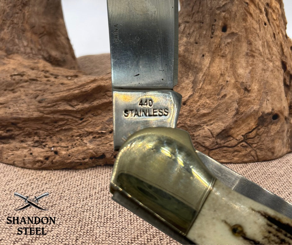 Steel Warrior Copperhead Deer Stag Handle Pocket Knife with 440 Steel Blades 164
