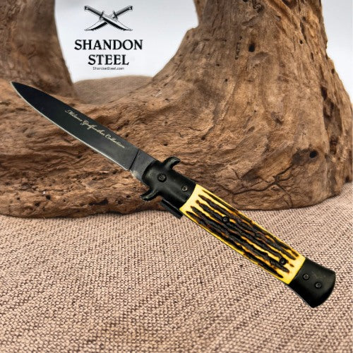 Milano Godfather Stiletto Blade Spring Assist Pocket Knife Imitation Stag (40)
