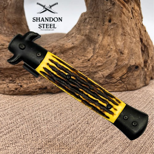Milano Godfather Stiletto Blade Spring Assist Pocket Knife Imitation Stag (40)