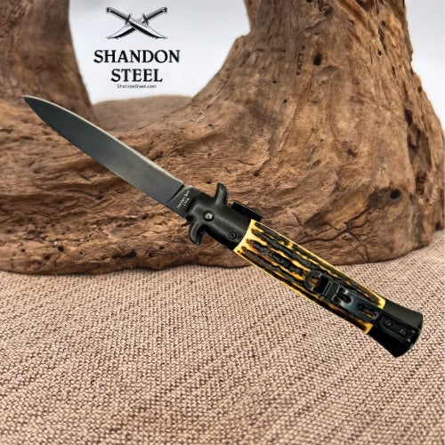 Milano Godfather Stiletto Blade Spring Assist Pocket Knife Imitation Stag (40)