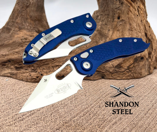 Microtech Borka Stitch Single Edge Stonewash Standard w/ Navy Blue Handles 169-10NA