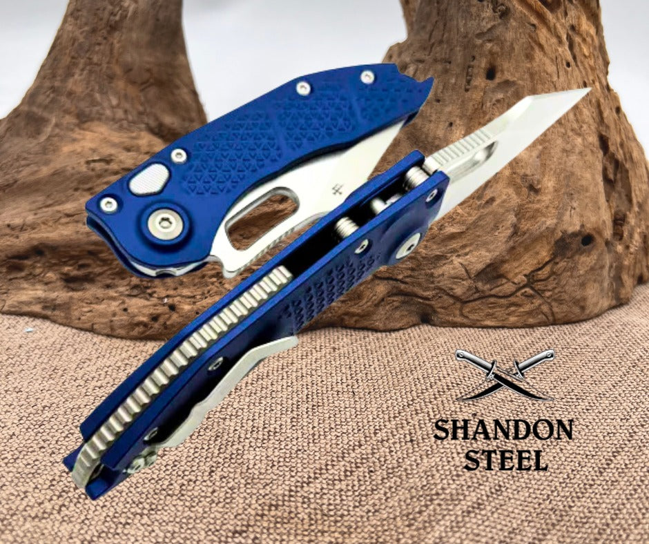Microtech Borka Stitch Single Edge Stonewash Standard w/ Navy Blue Handles 169-10NA