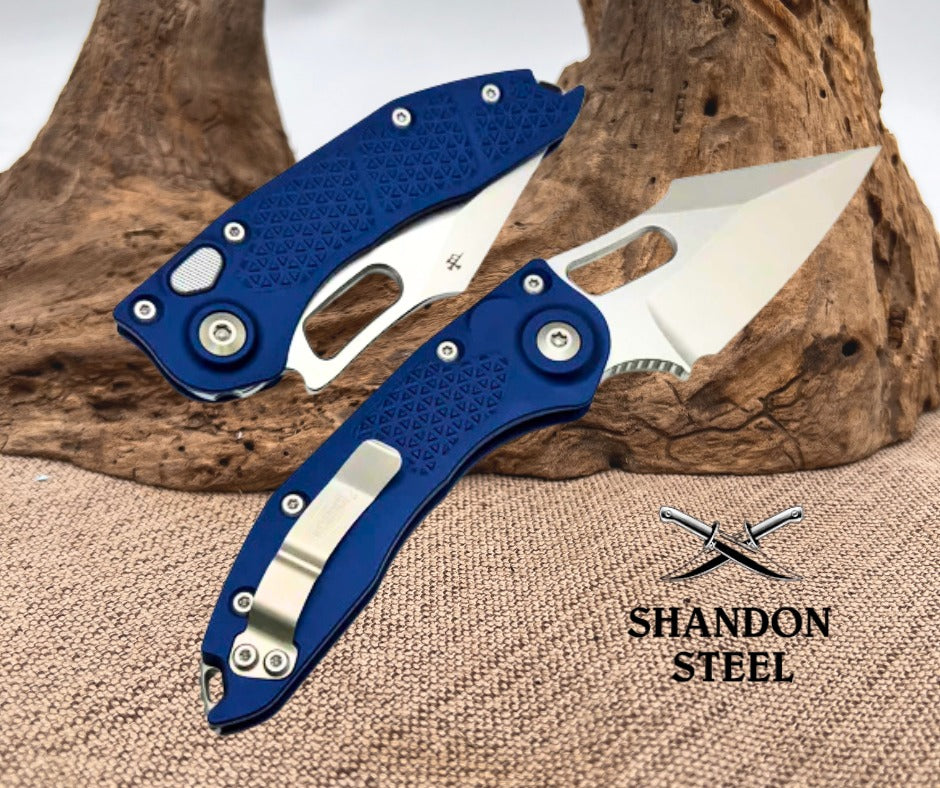 Microtech Borka Stitch Single Edge Stonewash Standard w/ Navy Blue Handles 169-10NA