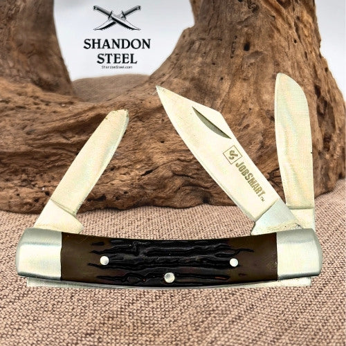 JobSmart 3 Blade Stockman Folding Pocket Knife Brown Delrin Handle (142)