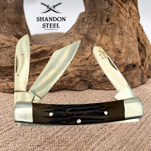 JobSmart 3 Blade Stockman Folding Pocket Knife Brown Delrin Handle (142)