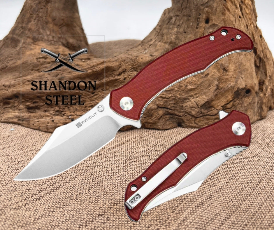 SENCUT Tauron Flipper & Thumb Stud Knife Burgundy G10 Handle (3.48" Satin Finished D2 Blade) S25060-2