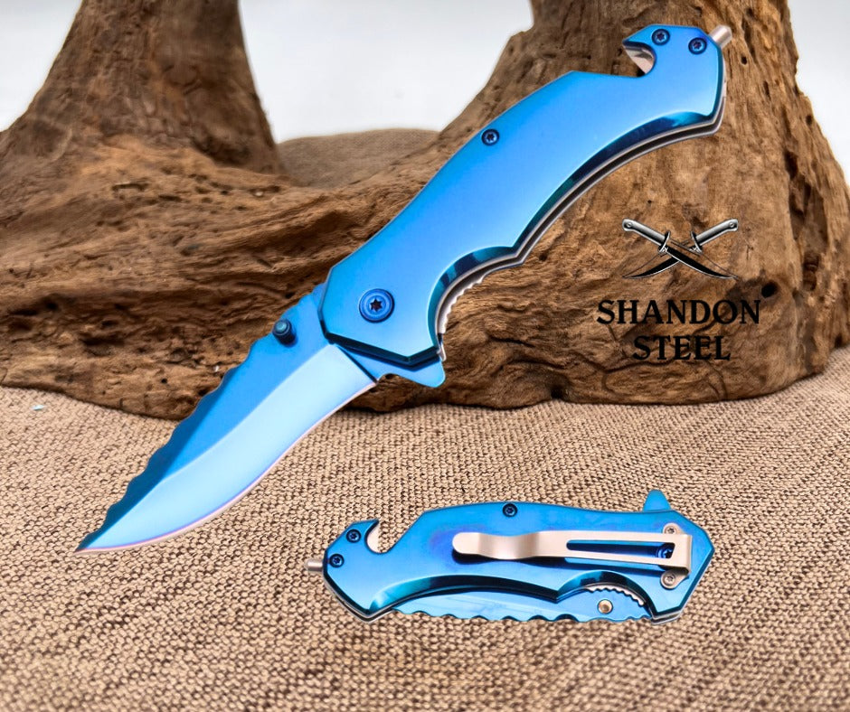 Razor Tactical Blue Assisted Open Folding Pocket Knife Seat Belt Cutter RT7040BL