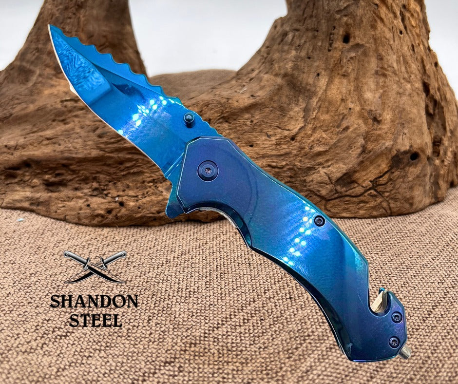 Razor Tactical Blue Assisted Open Folding Pocket Knife Seat Belt Cutter RT7040BL