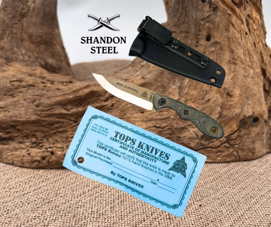 TOPS Knives Mini Scandi MSK Survival Knife Tan Coated 1095 Carbon w/ Sheath (17)