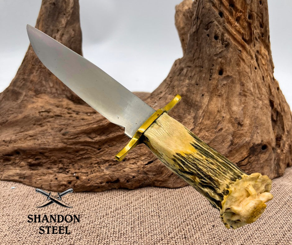 Custom Clip Point Bowie Knife Stag Handle with Turtle Carved on Pommel Hand Made