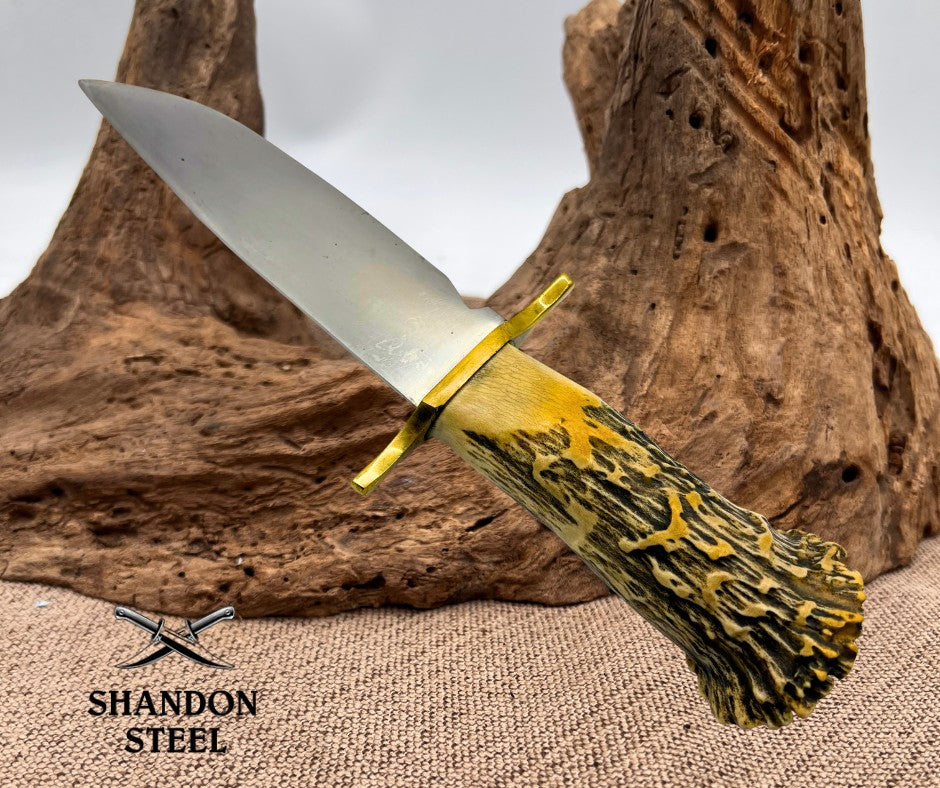 Custom Clip Point Bowie Knife Stag Handle with Turtle Carved on Pommel Hand Made