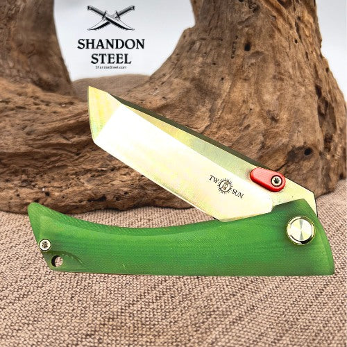 TwoSun TS80 Jaeger D2 Folding Tanto Bladfe Folding Pocket Knife Jade G10  (219)