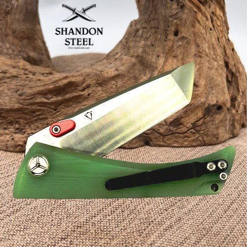 TwoSun TS80 Jaeger D2 Folding Tanto Bladfe Folding Pocket Knife Jade G10  (219)