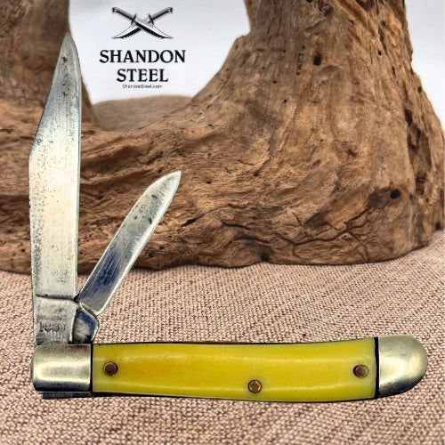 Vintage Ulster 183Y Dogleg Jack 2-Blade Folding Pocket Knife Yellow USA (129)