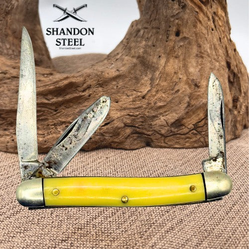 Ulster 55Y Stockman 3.38" Closed Yellow CS Folding Pocket Knife Made In USA -100