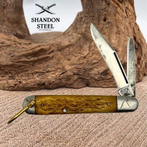 Vintage 2-Blade Jack Folding Pocket Knife – Jigged Bone Handle & Brass Bail (93)