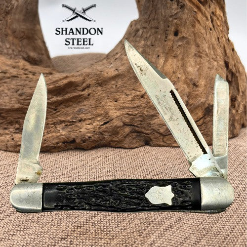 Vintage Whitetail Cutlery Handmade 3-Blade Coke Bottle Pocket Knife Black (48)