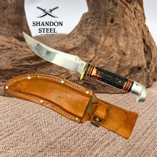 Western H40 Fixed Blade Hunting Knife USA "J" 1986 Original Leather Sheath (15)