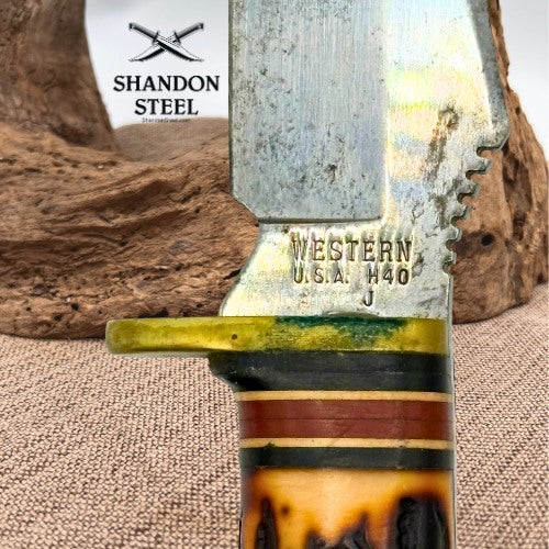 Western H40 Fixed Blade Hunting Knife USA "J" 1986 Original Leather Sheath (15)