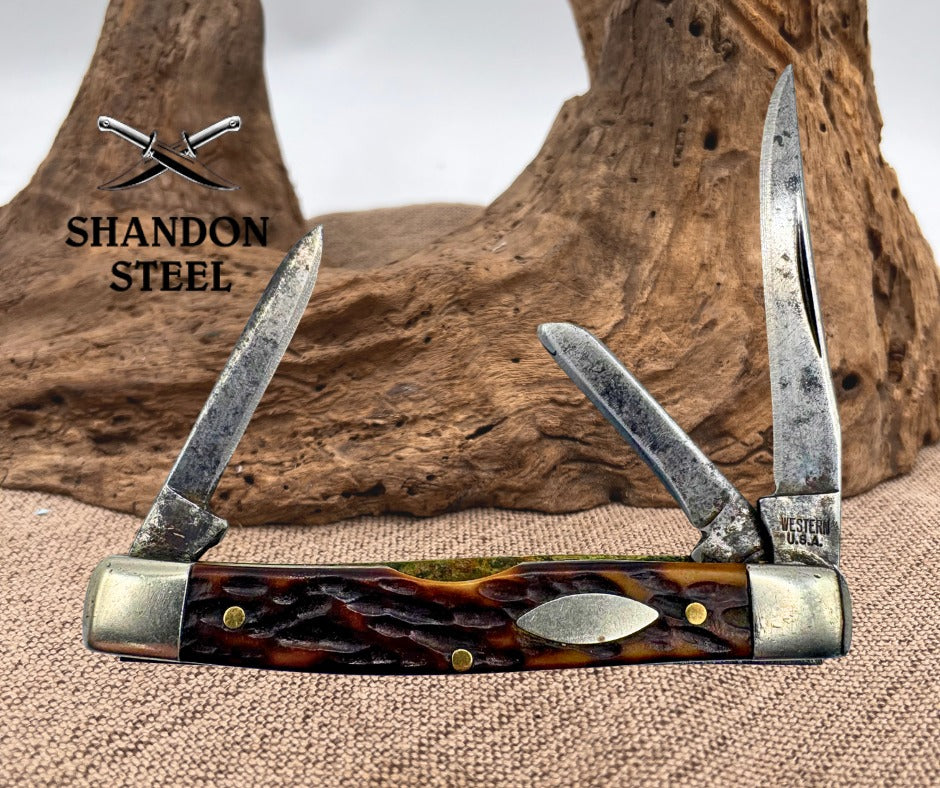 Western USA Vintage 3 Blade Stockman Knife Jigged Delrin 445 A Carbon Steel(131)
