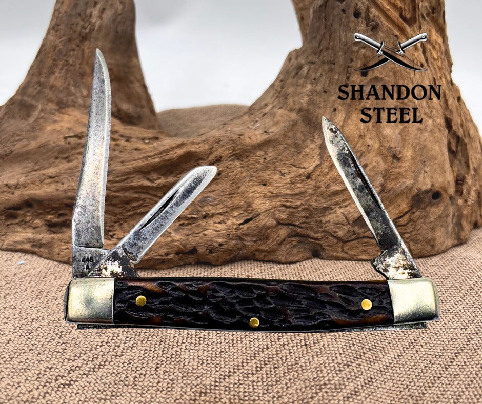 Western USA Vintage 3 Blade Stockman Knife Jigged Delrin 445 A Carbon Steel(131)