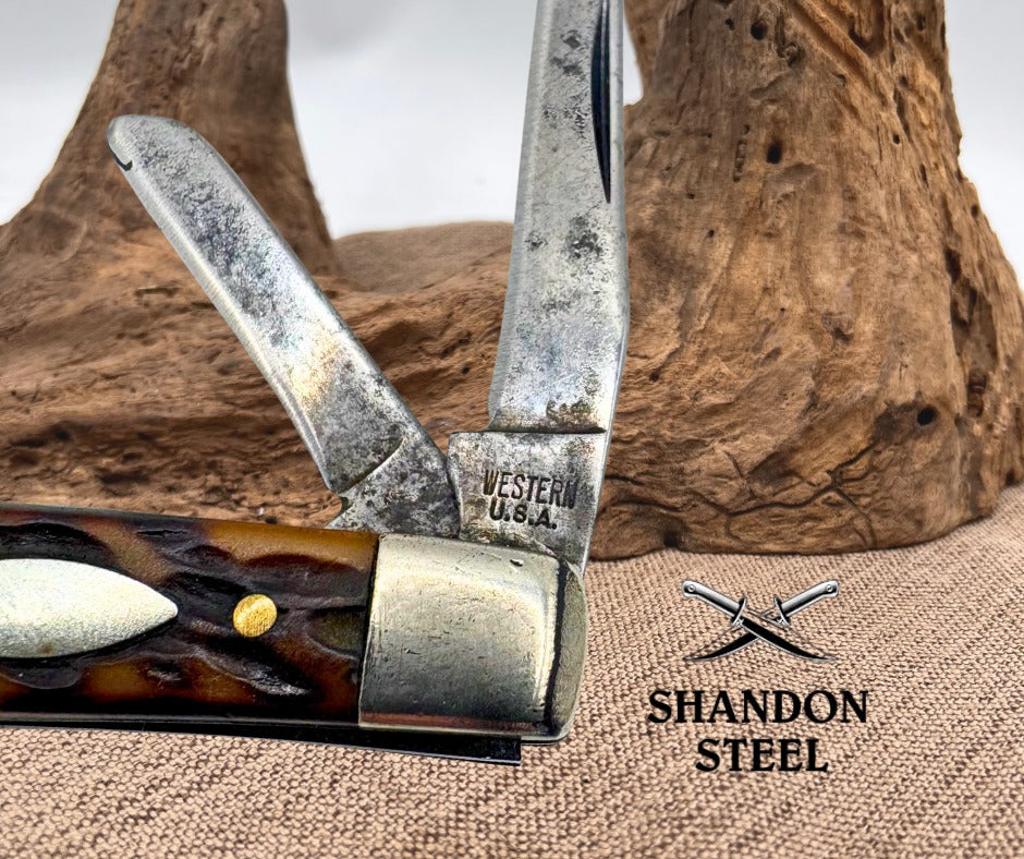 Western USA Vintage 3 Blade Stockman Knife Jigged Delrin 445 A Carbon Steel(131)
