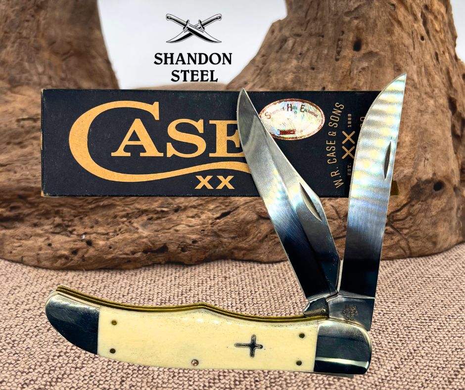 CASE XX KNIVES USA NATURAL BONE CROSS SHIELD LARGE FOLDING HUNTER 6265 SS 22506