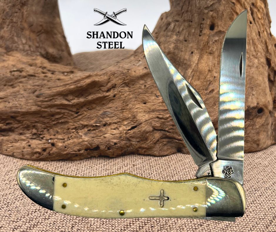 CASE XX KNIVES USA NATURAL BONE CROSS SHIELD LARGE FOLDING HUNTER 6265 SS 22506
